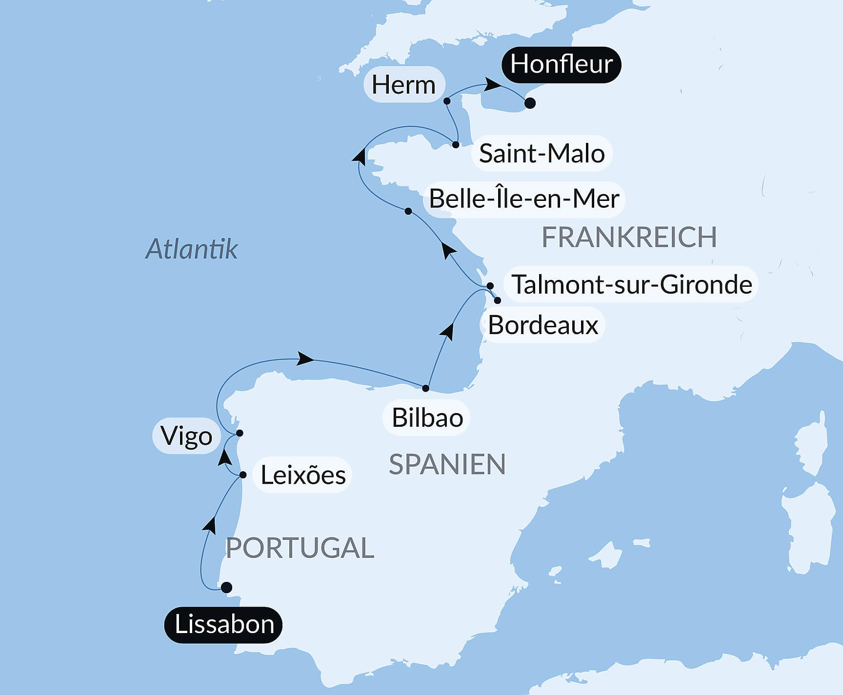 Iberische Halbinsel und befestigte Städte am Atlantik