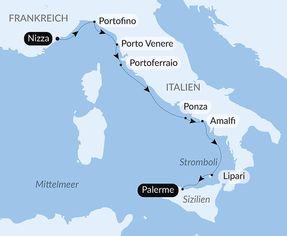 Von Ligurien bis nach Sizilien – unter den Segeln der Le Ponant null