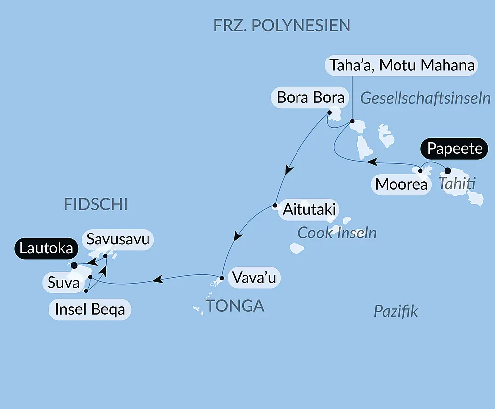 Fidschi, Tonga, Cookinseln und Gesellschaftsinseln