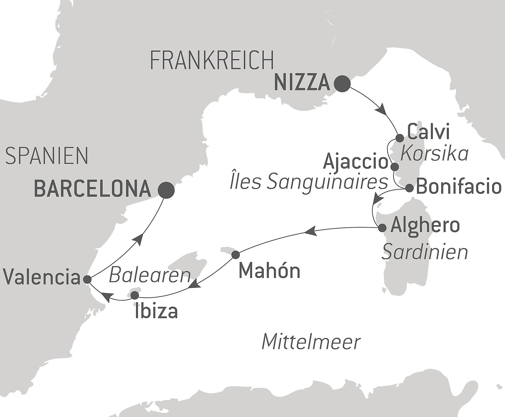 Korsika, Sardinien und iberische Küsten